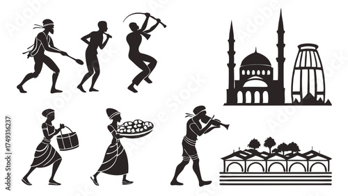 Global Cultural Heritage Silhouettes Traditional Indigenous Life Religious Buildings Music Dance Historic Architecture Travel and Culture Vector