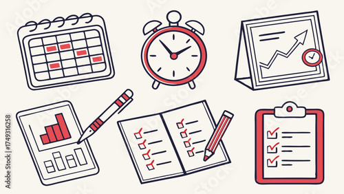 Hand Drawn Business Planning and Productivity Icons for Effective Time Management Task Organization and Goal Setting