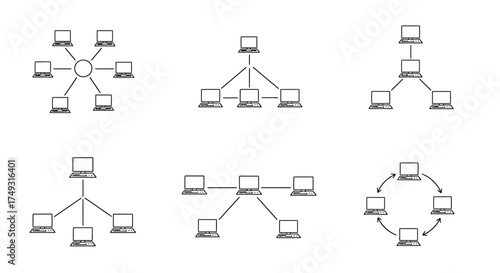 Six diagrams illustrating different computer network topologies using line drawings of laptops