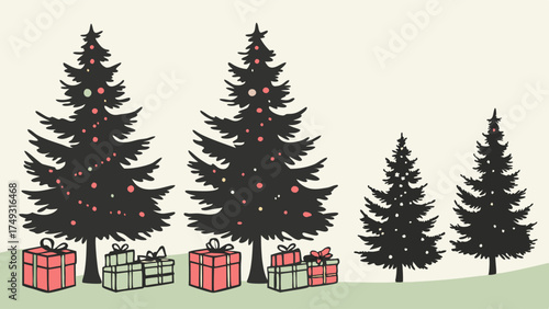Festive Christmas Trees and Wrapped Gifts Illustration for Holiday Marketing, Winter Sales, and Joyful Celebration Design