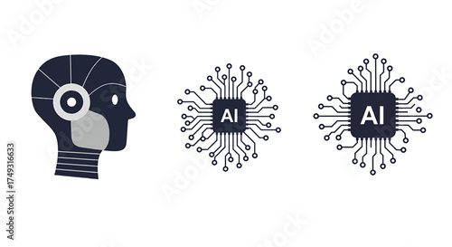 Stylized icons of a robot head and two AI microchips on white