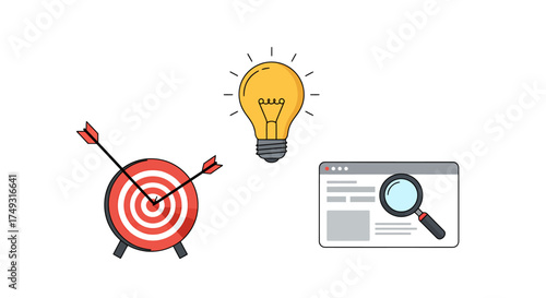 Target with arrows glowing lightbulb and browser window with magnifying glass