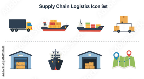 Supply Chain Logistics Icon Set featuring transport ships warehouse and map graphics