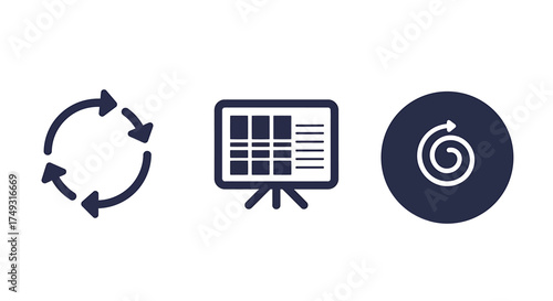 Three dark icons circular arrows presentation board and spiral arrow in a circle