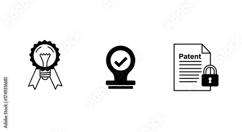 Three black and white icons depicting an idea award a stamp and a locked patent document