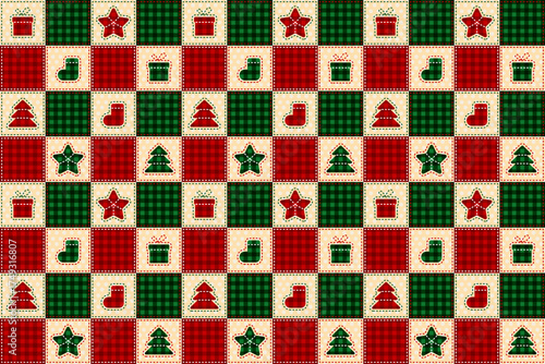 New Year's and Christmas geometric seamless festive pattern in patchwork style, plaid fabric. Design for wrapping paper, textiles, and clothing. Vector illustration.