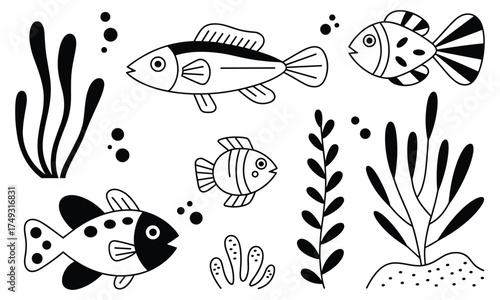 Charming hand-drawn collection of fish and aquatic plants underwater scene elements
