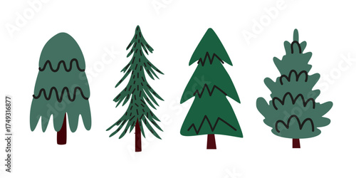 Christmas tree set in doodle flat style. Cozy cheerful winter tree elements and shapes for greeting cards, stickers, patches, labels, stamps. Hand drawn winter vector illustrations