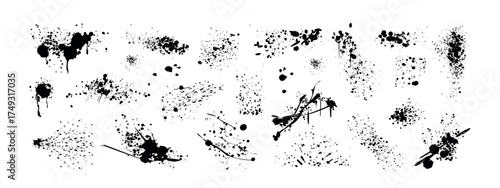 Spray paint inky drips, liquid splatters, blots. Black splashes, graffiti speckles, spatters, inkblot spots with dusty grunge effect. Paintbrush blobs, splotch, dirty splash stains or drops vector set