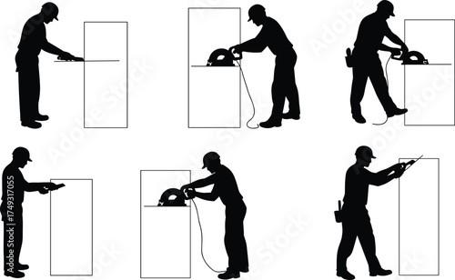 Silhouette vector illustration of workers using tools for woodworking, carpentry, construction, measuring, cutting, drilling, and building tasks on workbench