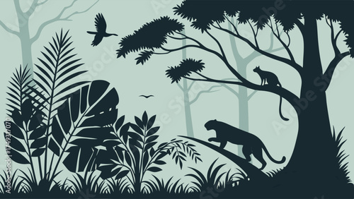 Wild Jungle Forest Silhouette with Panther Monkey and Birds Lush Tropical Plants for Nature Conservation Education and Adventure Travel Design