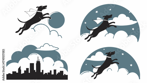 Super Dog Flying with Cape Over Clouds and City Skyline. Pet Care Marketing, Animal Hero, Dream Big, Success, Freedom, Adventure, Loyalty, Optimism, Flat Design.
