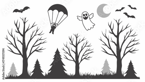 Spooky Halloween Night Forest Silhouette with Friendly Ghost Parachutist Bats Moon and Bare Trees for Festive Design