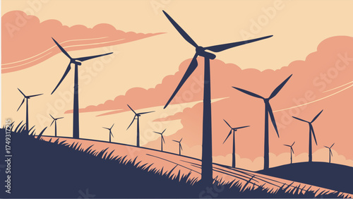 Sustainable Wind Farm Turbines on Rolling Hills at Sunset Generating Clean Renewable Energy for a Greener Future and Environmental Progress