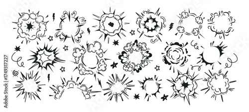 Radial power bomb explosion, boom clouds, frames or bubbles. Bursts blast effect from dynamite, round atomic smoke elements with flash fire. Vector set of explode sprite sheets. Puff motion black icon
