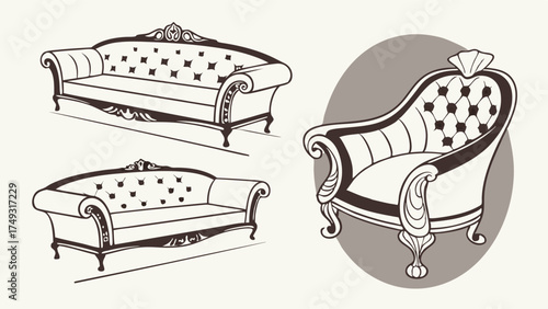 Vintage Sofas and Armchair Line Art. Elegant Classic Furniture Sketch for Luxurious Interior Design, Home Decor, and Luxury Branding.