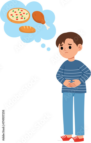 young boy character feel hungry, cute boy starving and thinking about food flat design, people hands on stomach and hungry illustration