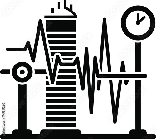 Illustration of seismograph measuring earthquake seismic waves and building stability over time