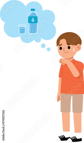 young boy character feel thirsty and thinking about water, exhausted boy need some water flat design, people dehydrated illustration