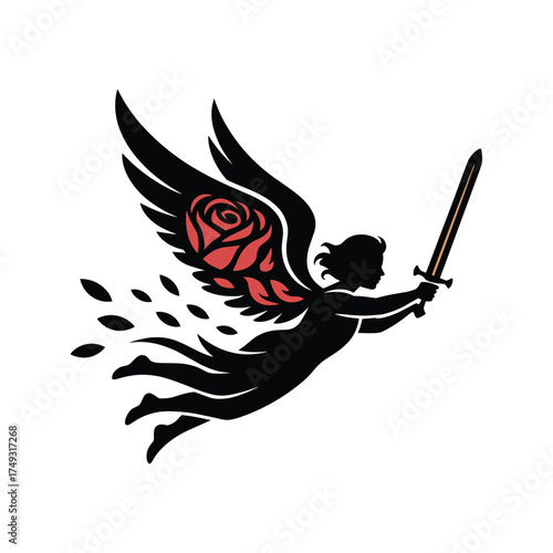 Silhouette of an angel with rose wings holding a sword on a white background Keywords: angel, silhouette, wings, rose, sword, flying, mythical creature, fantasy, warrior, guardian, protection