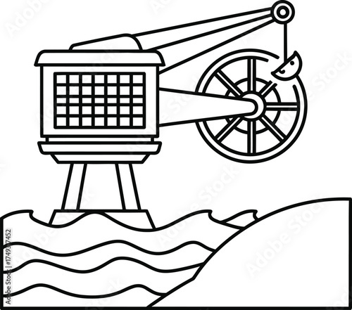 Stylized illustration of a historical dockside crane lifting a load over wavy water and land