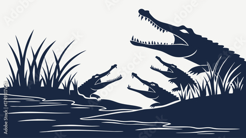 Aggressive Predator Crocodiles in Water Silhouette. Business Competition, Market Struggle, Corporate Risk, and Legal Conflict.