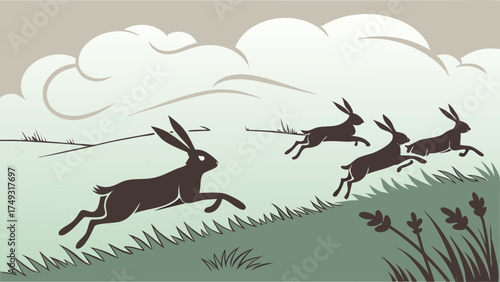 Dynamic Hares Racing Across Grassy Field for Business Speed Agility Competition and Market Leadership Growth