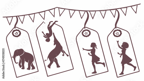 Playful Vector Circus Silhouettes on Hanging Tags with Elephant Acrobat and Girls for Kids Parties Event Marketing Retail Offers