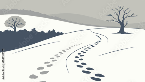 Winding Footprints in Fresh Snow on a Peaceful Winter Landscape Path. Solitary Journey, Future Direction, and New Beginnings Illustration.