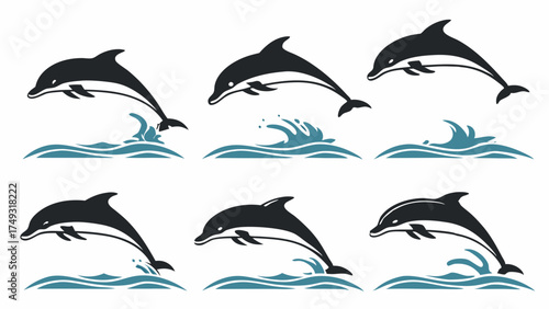 Six Dynamic Dolphins Jumping Ocean Waves Vector Illustration. Playful Marine Wildlife for Travel, Tourism, Eco Conservation, and Aquatic Resort Design