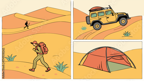 Desert Adventure Travel Hiker Exploring Sandy Dunes Vast Wilderness Off Road 4x4 Vehicle Driving Camping Tent Outdoor Expedition Journey