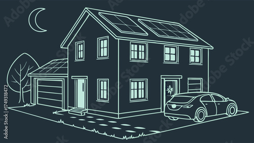 Sustainable Home with Solar Panels and EV Charging. Modern Green Energy House at Night Line Art Illustration.