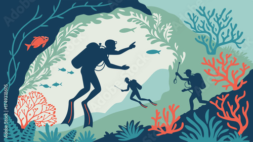 Underwater Scuba Divers Exploring Coral Reef Cave Adventure Teamwork Discovery Marine Life Research Expedition Travel