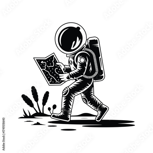 Silhouette of an Astronaut Walking and Reading a Map on an Alien Planet space cosmos