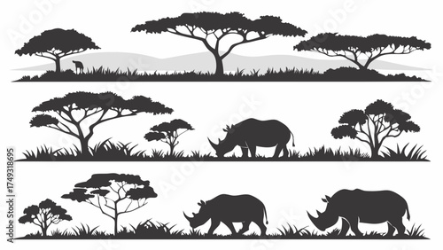 African Savanna Wildlife Silhouettes Vector Set with Grazing Rhinos and Acacia Trees for Nature Travel and Conservation Design