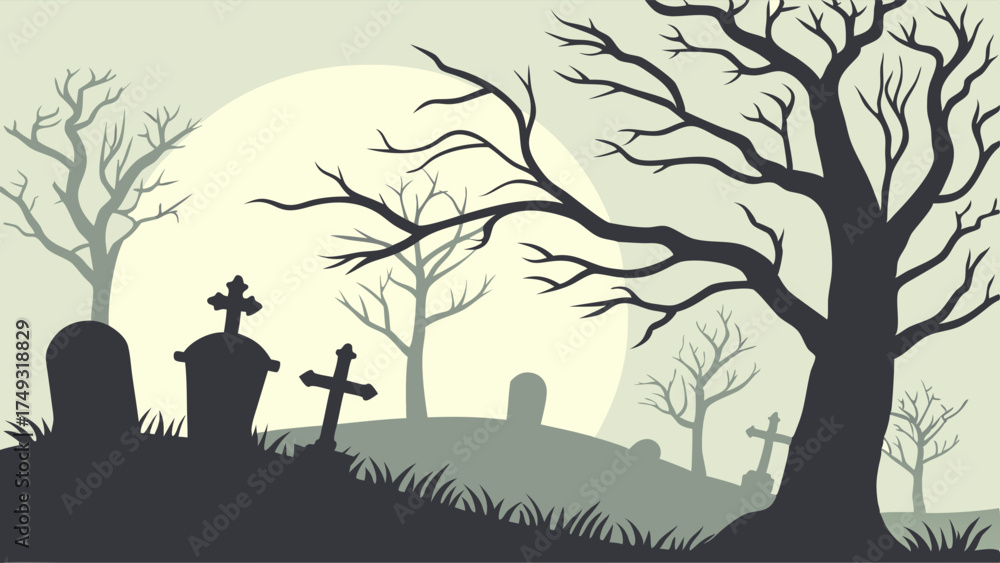 Fototapeta premium Eerie Graveyard Silhouette with Bare Trees and Tombstones under a Moonlit Sky for Halloween Party Invitations and Spooky Event Design