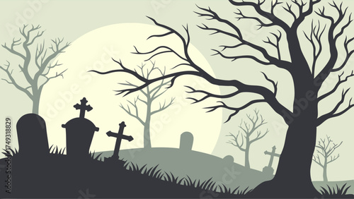 Eerie Graveyard Silhouette with Bare Trees and Tombstones under a Moonlit Sky for Halloween Party Invitations and Spooky Event Design