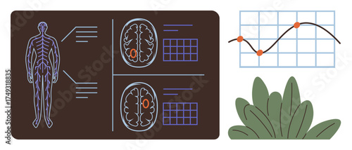 Human body diagram, brain scans with marked areas, graph displaying data trends, surrounded by plant details. Ideal for research, medicine, biology, diagnostics, education data science wellness
