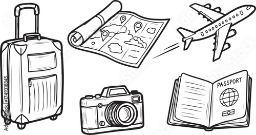 Travel Essentials Line Art Set | Passport, Map, Luggage, and Camera Doodles

Hand Drawn Vacation Icons: Suitcase, Airplane, and Photography Sketch Vector

Minimalist Outline: Travel & Tourism Clipart 