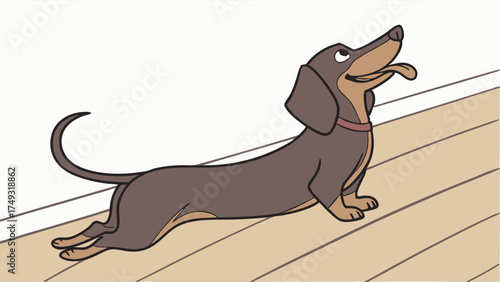 Happy Dachshund Dog Stretching Playfully on Wooden Floor Looking Up Cute Pet Illustration for Family Home and Pet Care
