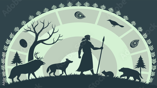 Ancestral Hunter Gatherer Figure with Wildlife and Nature Silhouette Illustration Symbolizing Primal Life Cycles and Human Heritage
