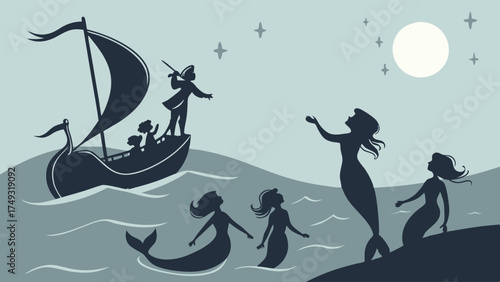Enchanting Ocean Adventure Sailors in Boat Encountering Mermaids Under Starry Night Sky Fantasy Illustration.