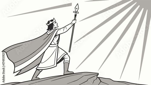 Powerful Leader King on Mountain Peak Holding Scepter with Sun Rays for Business Success Vision and Strategic Achievement Illustration