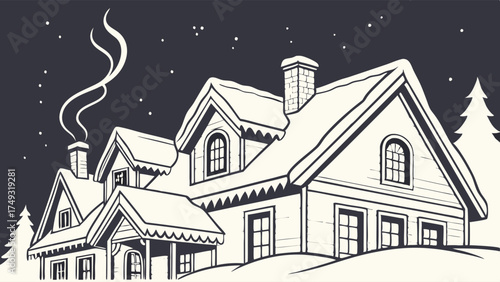Cozy Snow Covered House on a Peaceful Winter Night with Stars and Pine Trees Classic Illustration for Nostalgic Holiday Cards and Seasonal Marketing