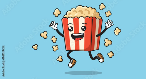 A happy anthropomorphic popcorn box character jumping with joy surrounded by scattered popcorn kernels.