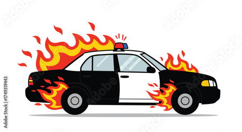 A police car engulfed in flames with flashing lights.