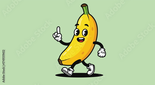 Cheerful cartoon banana character with a friendly expression and pointing finger.