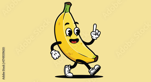 Cheerful cartoon banana character walking with a raised finger.