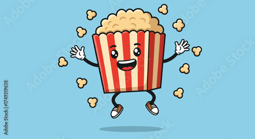 Cheerful Cartoon Popcorn Bucket Character Jumping with Joy.