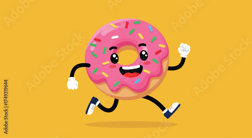 Cheerful Cartoon Donut with Pink Frosting and Sprinkles Running.